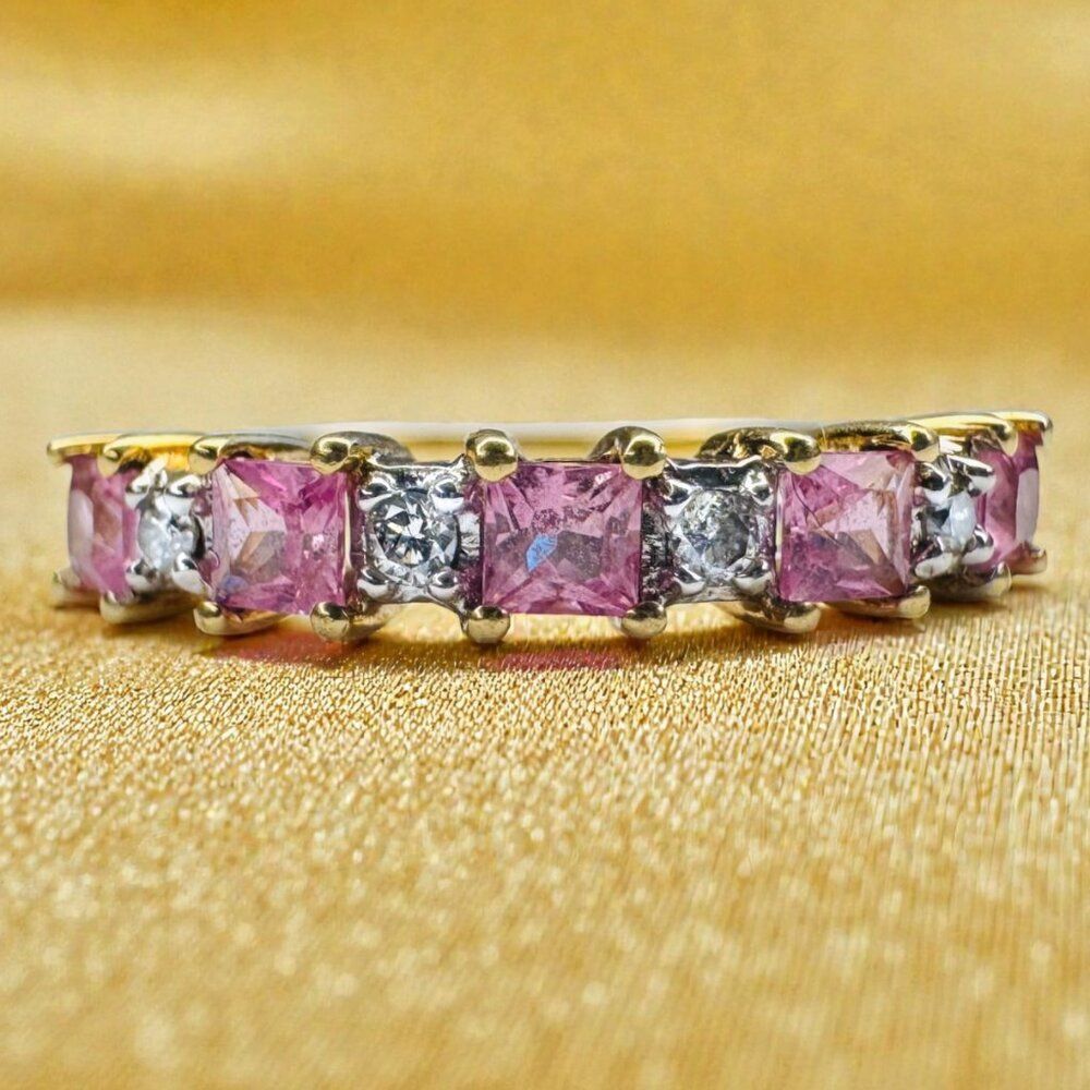 10K Gold- Natural Pink Sapphire & Diamond Ring -Five Stone Stacking Band- Size 7